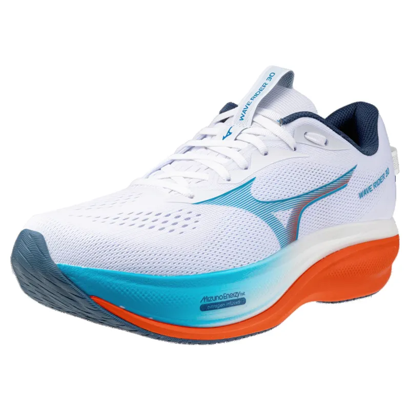 Mizuno Wave Rider 30 Men's Running Shoes - White/Blue Jewel/Orange-2
